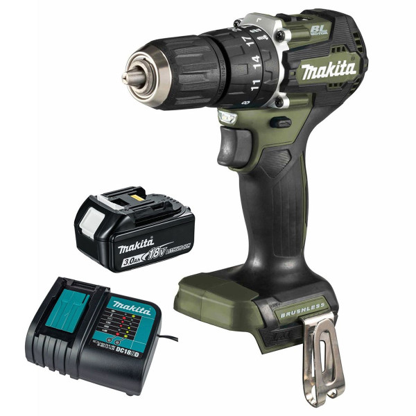 Makita DHP487 Brushless Olive Combi Drill, Battery & Charger