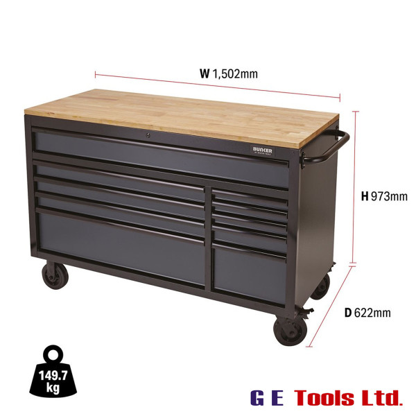 BUNKER 10 Drawer Workbench Roller Tool Cabinet, 56″ – Various Colours BUNKER 10 Drawer Workbench Roller Tool Cabinet, 56″ – Various Colours