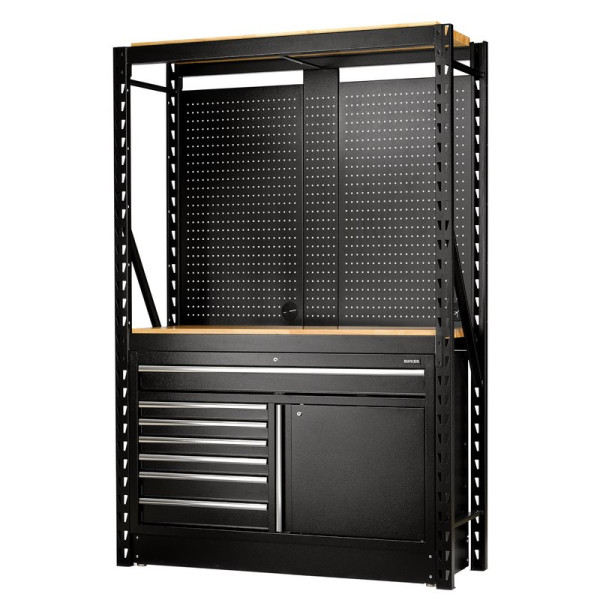 BUNKER 14 Piece Modular Storage Combo 2 Tier Racking with Pegboards and Floor Cabinet, 1500mm BUNKER 14 Piece Modular Storage Combo 2 Tier Racking with Pegboards and Floor Cabinet, 1500mm