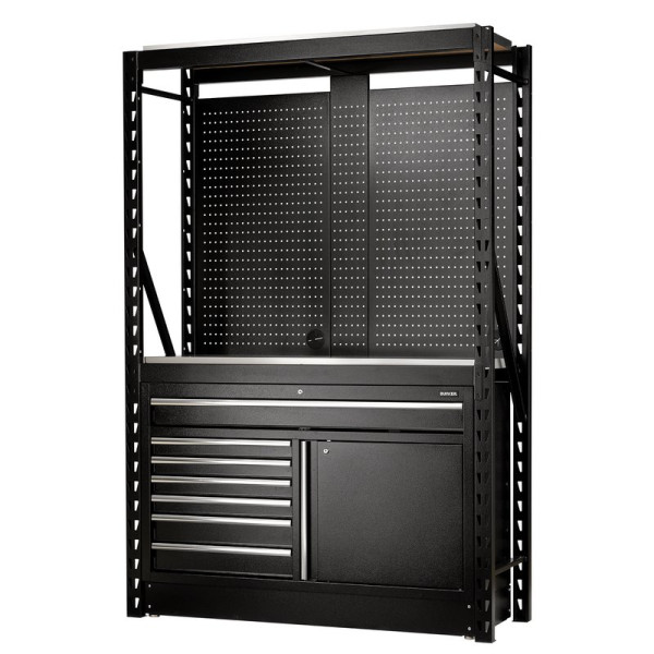 BUNKER 14 Piece Modular Storage Combo 2 Tier Racking with Pegboards and Floor Cabinet, 1500mm BUNKER 14 Piece Modular Storage Combo 2 Tier Racking with Pegboards and Floor Cabinet, 1500mm