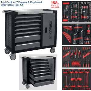 Tool Cabinet 7 Drawer & Cupboard with 188pc Tool Kit