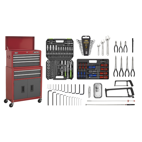 Sealey AP2200BBCOMBO American PRO® Topchest & Rollcab Combination 6 Drawer with 170pc Tool Kit – Red/Grey Sealey AP2200BBCOMBO American PRO® Topchest & Rollcab Combination 6 Drawer with 170pc Tool Kit – Red/Grey