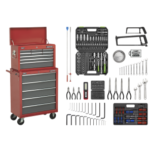 Sealey AP2250BBCOMBO American PRO® Topchest & Rollcab Combination 14 Drawer with 281pc Tool Kit – Red/Grey
