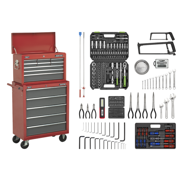 Sealey AP2250BBCOMBO American PRO® Topchest & Rollcab Combination 14 Drawer with 281pc Tool Kit – Red/Grey