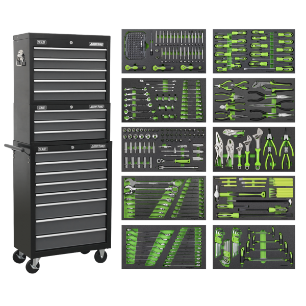 Sealey AP35TBCOMBO Tool Chest Combination 16 Drawer with Ball-Bearing Slides – Black/Grey & 398pc Tool Kit