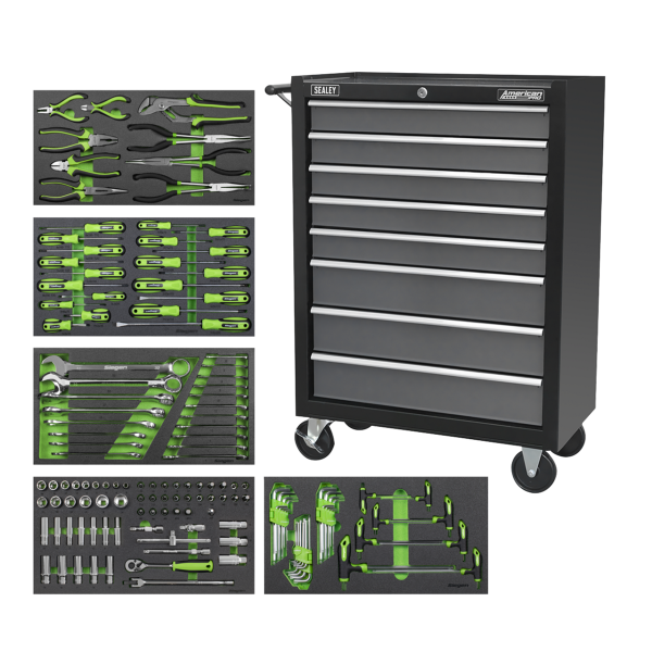 Sealey AP35TBCOMBO3 Rollcab 8 Drawer with 145pc Tool Kit – Black/Grey Sealey AP35TBCOMBO3 Rollcab 8 Drawer with 145pc Tool Kit – Black/Grey