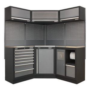 Sealey APMSSTACK08SS Superline PRO® Corner Storage System with Stainless Worktop 1.55m