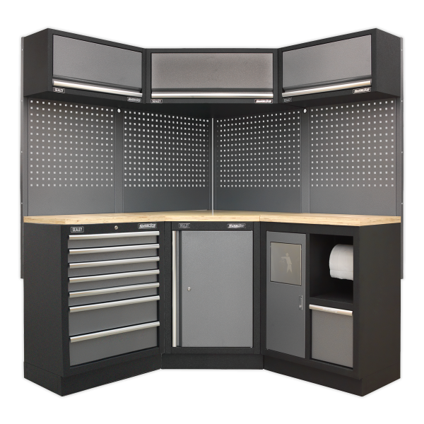 Sealey APMSSTACK08W Superline PRO® Corner Storage System with Wood Worktop 1.55m