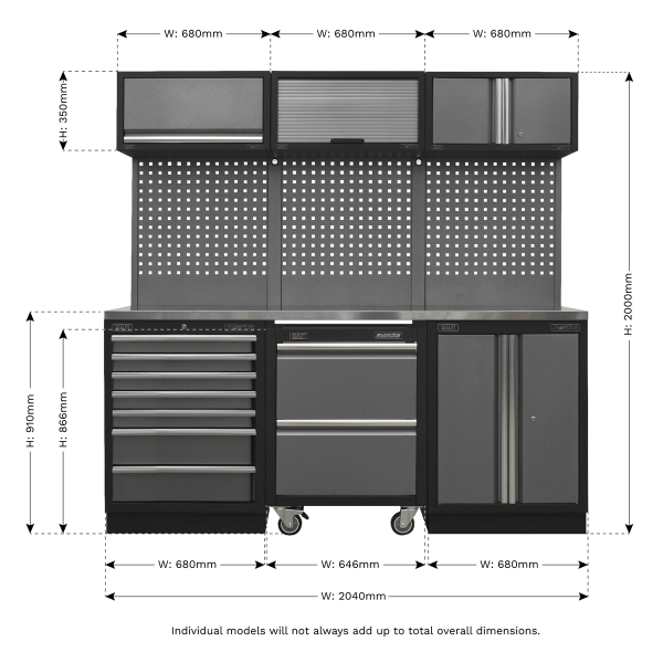 Sealey APMSSTACK12SS Superline PRO® Storage System with Stainless Steel Worktop 2.04m