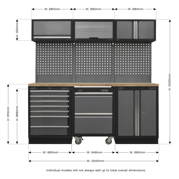 Sealey APMSSTACK12W Superline PRO® Storage System with Pressed Wood Worktop 2.04m