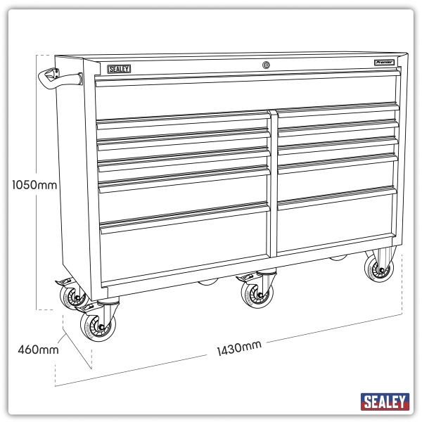 Sealey PTB143011 Premier Heavy-Duty Extra-Wide Rollcab 11 Drawer 1430mm – Black